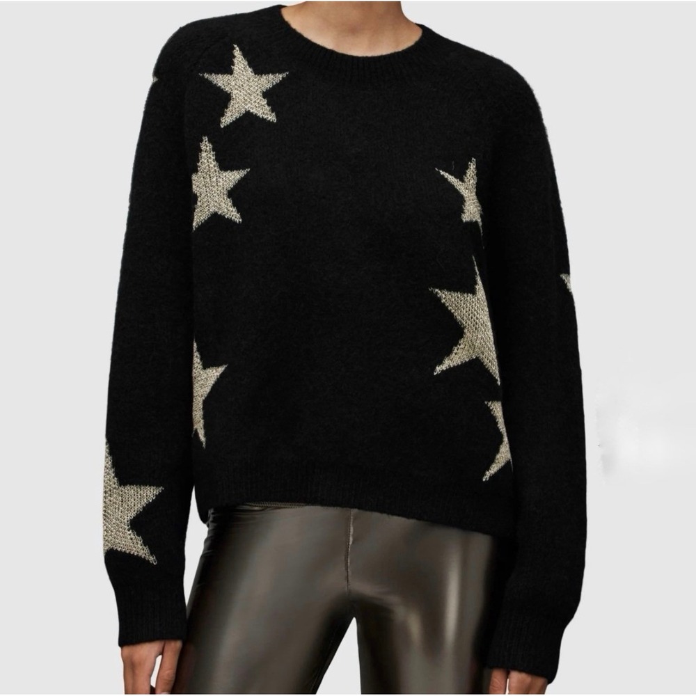 AllSaints Black Gold Metallic Star Alpaca Wool Blend Sweater XS Crew Neck Womens